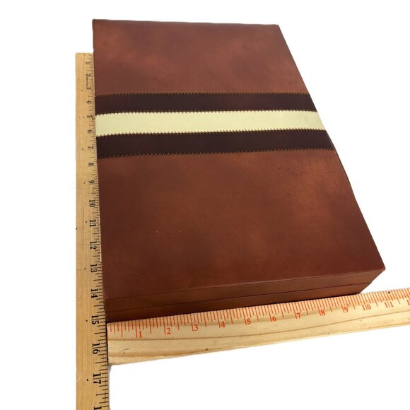 Backgammon Set Faux  Brown Cream Leather Case Complete - Picture 10 of 11